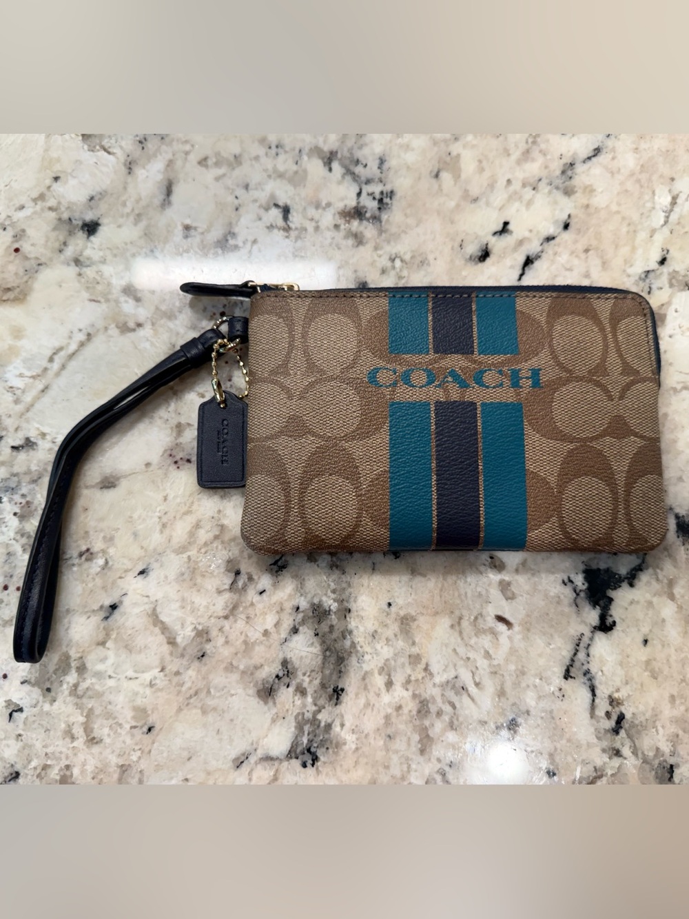 Coach NWT Signature Stripe Brown & Tan Wristlet w/Teal & Navy Accents